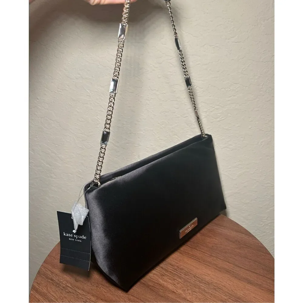 Kate Spade Anya Chain Strap Satin Shoulder Bag Black Gold Evening Glam Date NWT